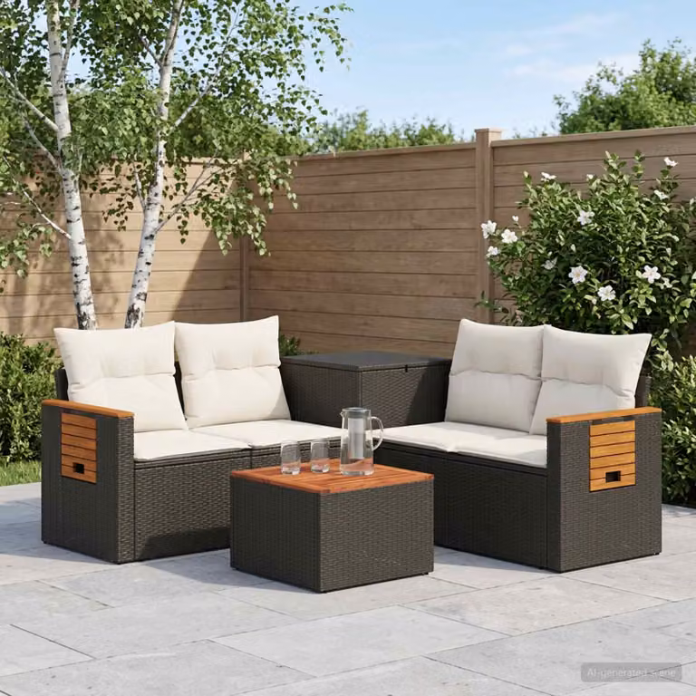 Set di divani da giardino vidaXL in polyrattan nero e bianco con cuscini e tavolino da caffè coordinato