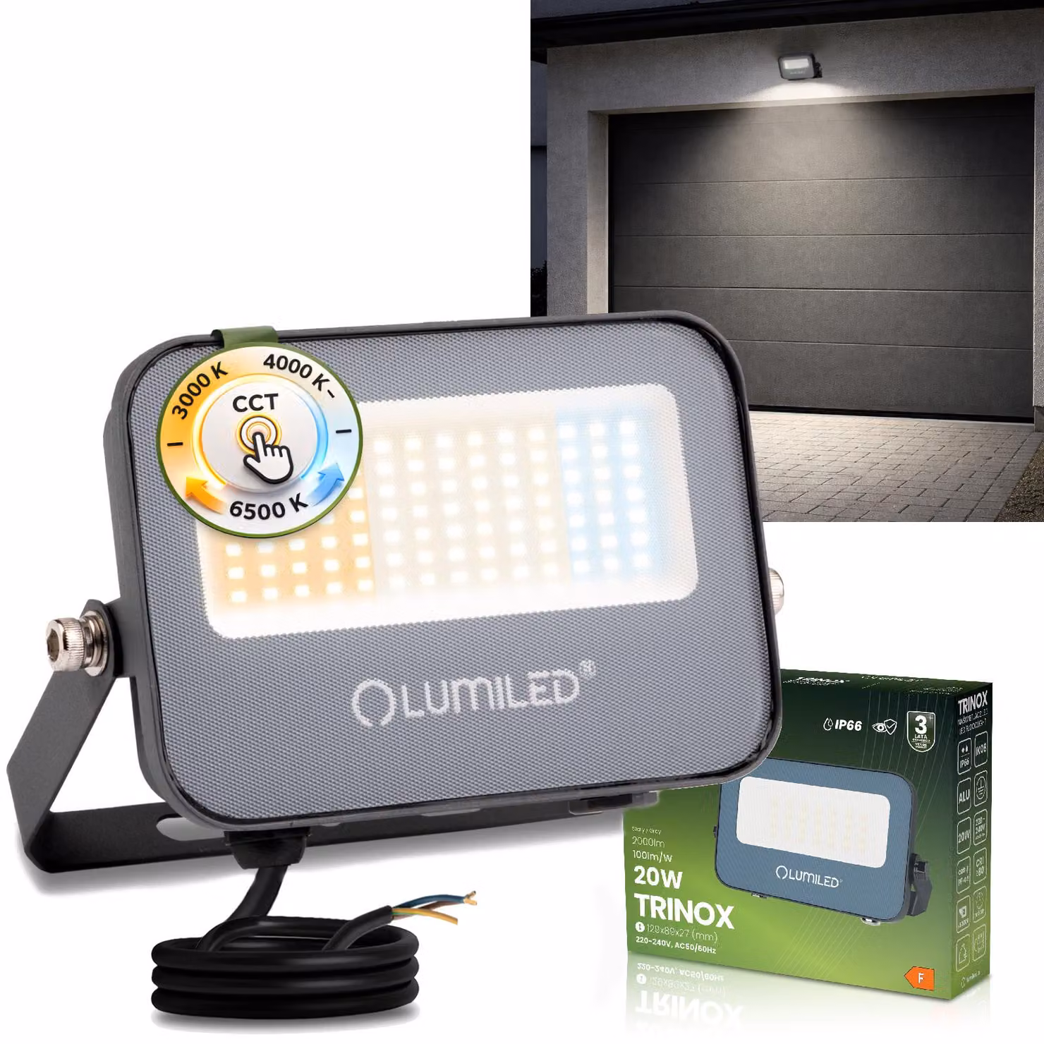 LUMILED Faretto LED per esterni 20W 2000lm CCT 3000K 4000K 6500K IP66 Impermeabile Proiettore per esterni Faretto da giardino Garage Cortile Faretto da parete Alluminio Grigio Faretti Proiettori neri Proiettori