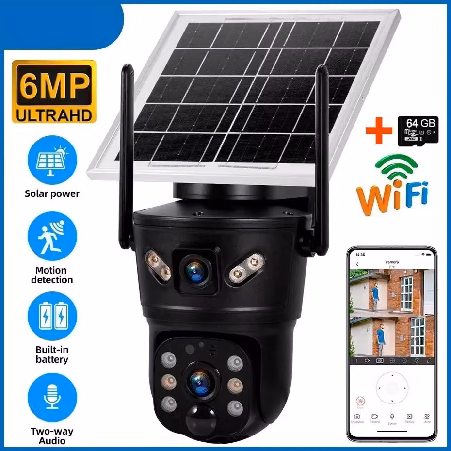 Telecamera di sorveglianza esterna - Modello D05 - Telecamera Wi-Fi solare - Impermeabile - 6 MP - 4G - Doppio obiettivo - Pannello solare - 64 GB di memoria