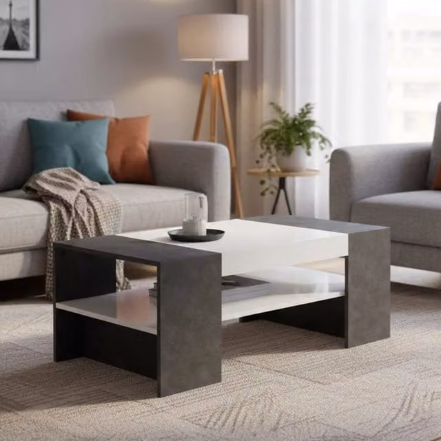 Tavolino da salotto Ashar DMORA Bianco lucido e Grigio L: 110 cm, P: 60 cm, H: 40 cm