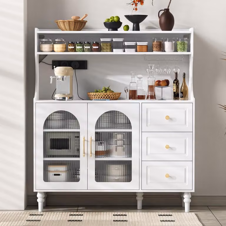 Mobiletto da cucina/credenza, 138,5 cm, bianco, con prese di corrente e spazio contenitivo