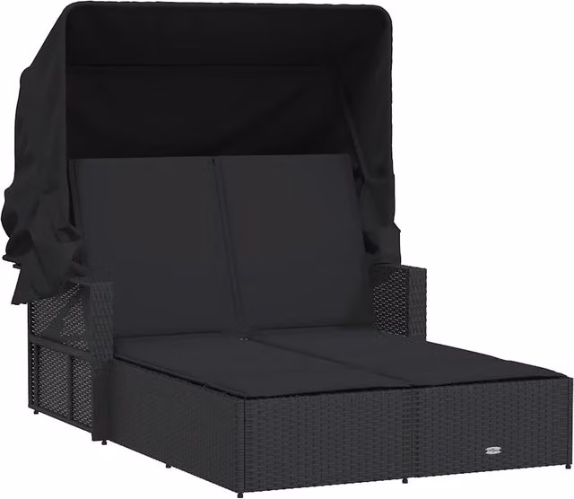 Lettino Prendisole | Sdraio da giardino | Lettino da sole Doppio Baldacchino e Cuscini Nero Polyrattan