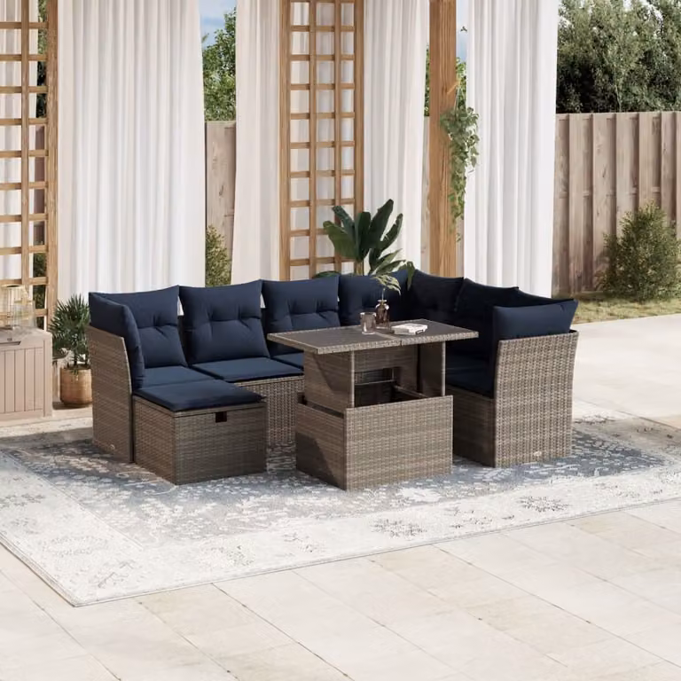 Set da giardino vidaXL in polyrattan 8 pezzi con cuscini grigi e blu, design moderno a L con tavolino e pouf in metallo resistente ai raggi UV