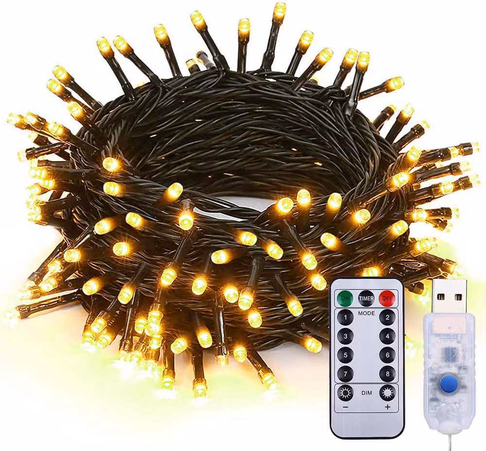 Catena luminosa con telecomando, alimentazione USB, 10 metri, 100 LED, luce bianco caldo, ideale per decorazioni natalizie, 8 modalità, dimmerabile