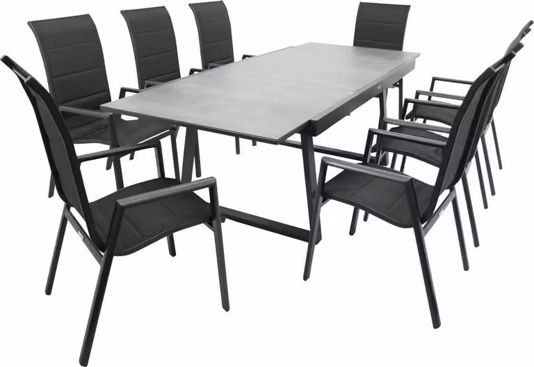 Set da giardino DEGAMO REIMS, 9 pezzi, alluminio nero + vetro + tessuto sintetico