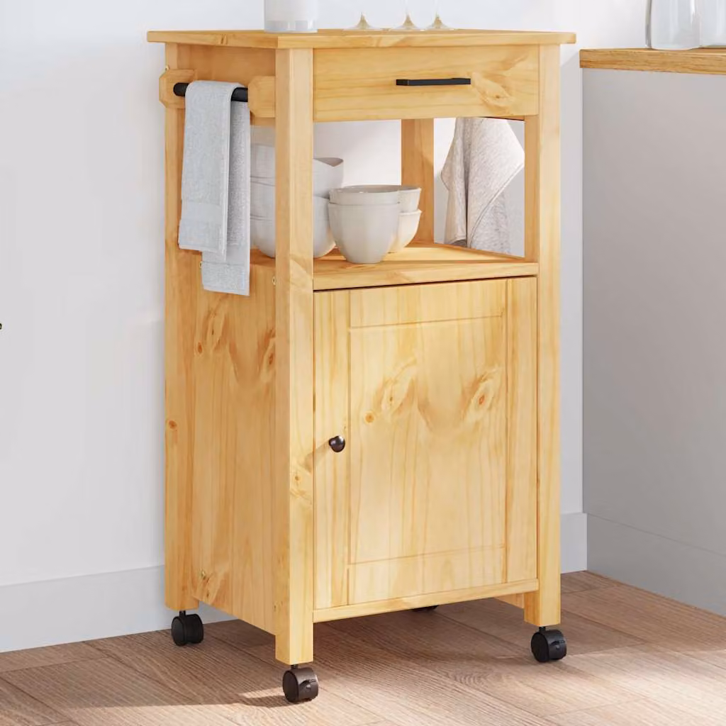 vidaXL Carrello da Cucina MONZA in Legno di Pino Marrone con Ruote L/P/H: 48 x 40 x 88,5 cm