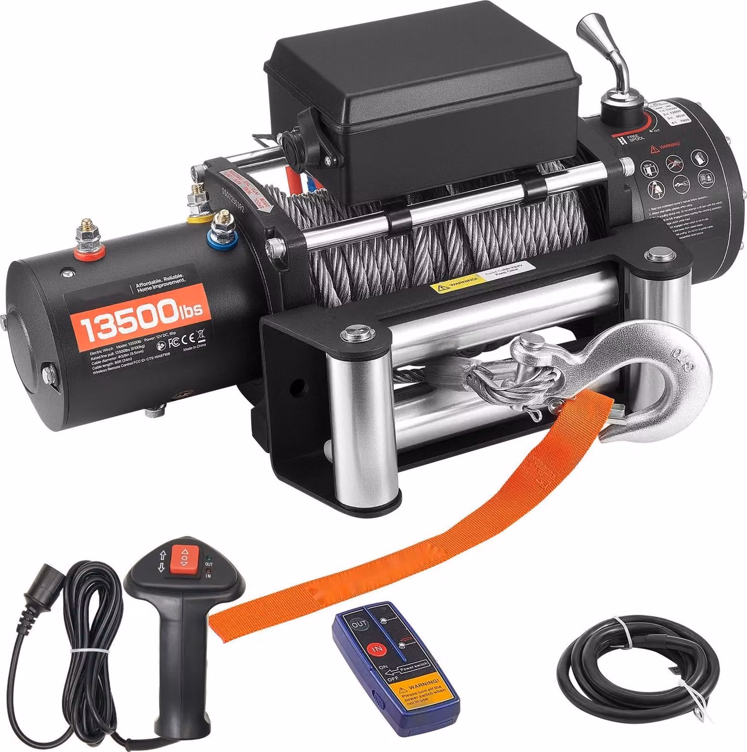 Verricello elettrico - Verricello fuoristrada 12 V - Forza di trazione 6100 kg - Cavo 24 m - Telecomando radio e via cavo - IP55 - Per SUV, fuoristrada, rimorchi e barche