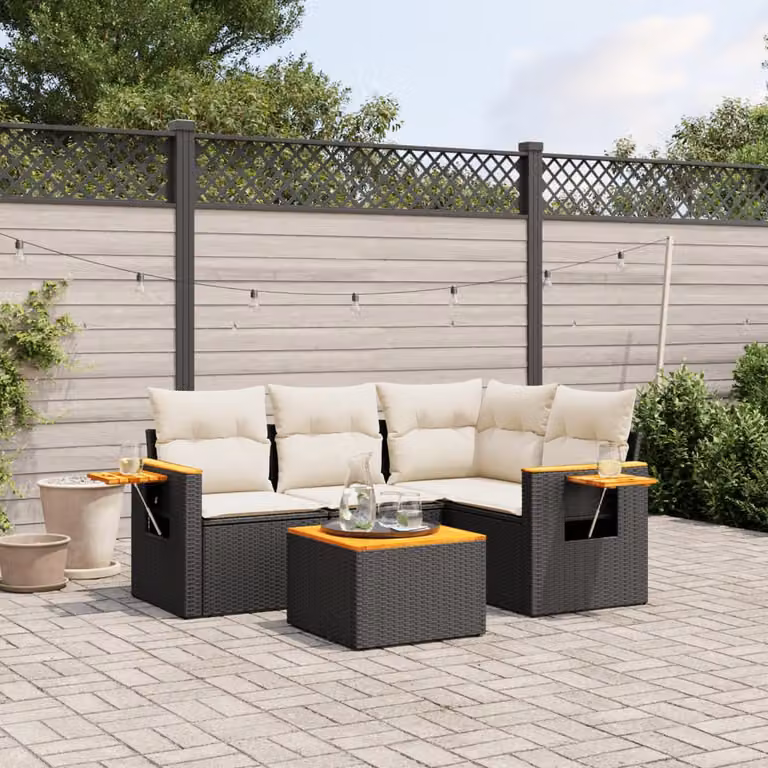 Set di Divani da Giardino a L vidaXL 5 pz con Cuscini e Tavolino, Polyrattan e Acciaio Nero e Bianco