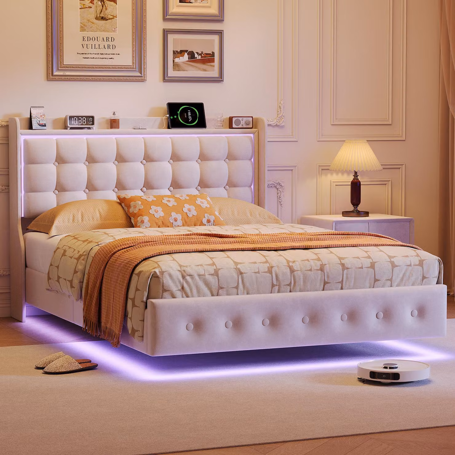 Letto imbottito UnboxG 160x200 cm in velluto con illuminazione a LED e stazione di ricarica USB, letto matrimoniale con contenitore, testiera e rete a doghe, letto moderno in beige