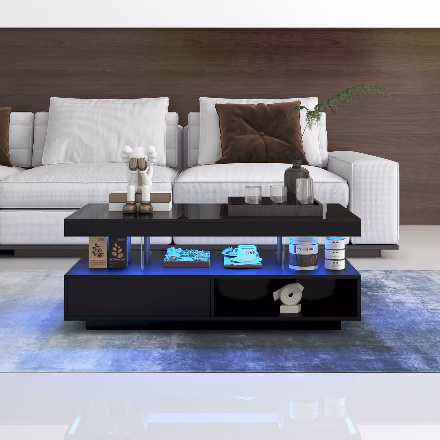 Tavolino Merax con 2 cassetti e vano portaoggetti, tavolino da divano lucido con LED incl. APP, tavolino da salotto 95x42,5x50cm, nero
