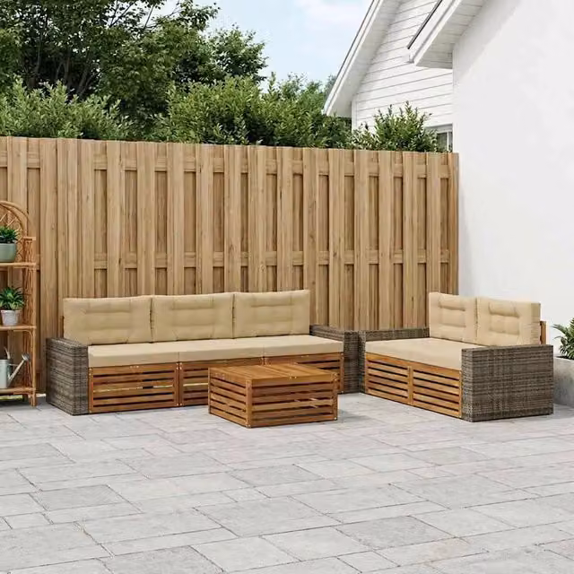 Set di divani da esterno moderno vidaXL in legno di acacia e rattan, 6 pezzi, colore beige