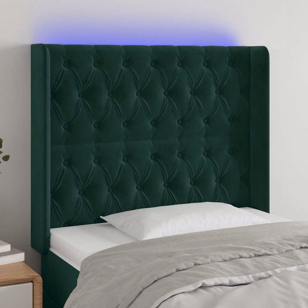 Testiera con LED e porta USB vidaXL in velluto verde scuro, L/P/H: 103 x 16 x 118/128 cm