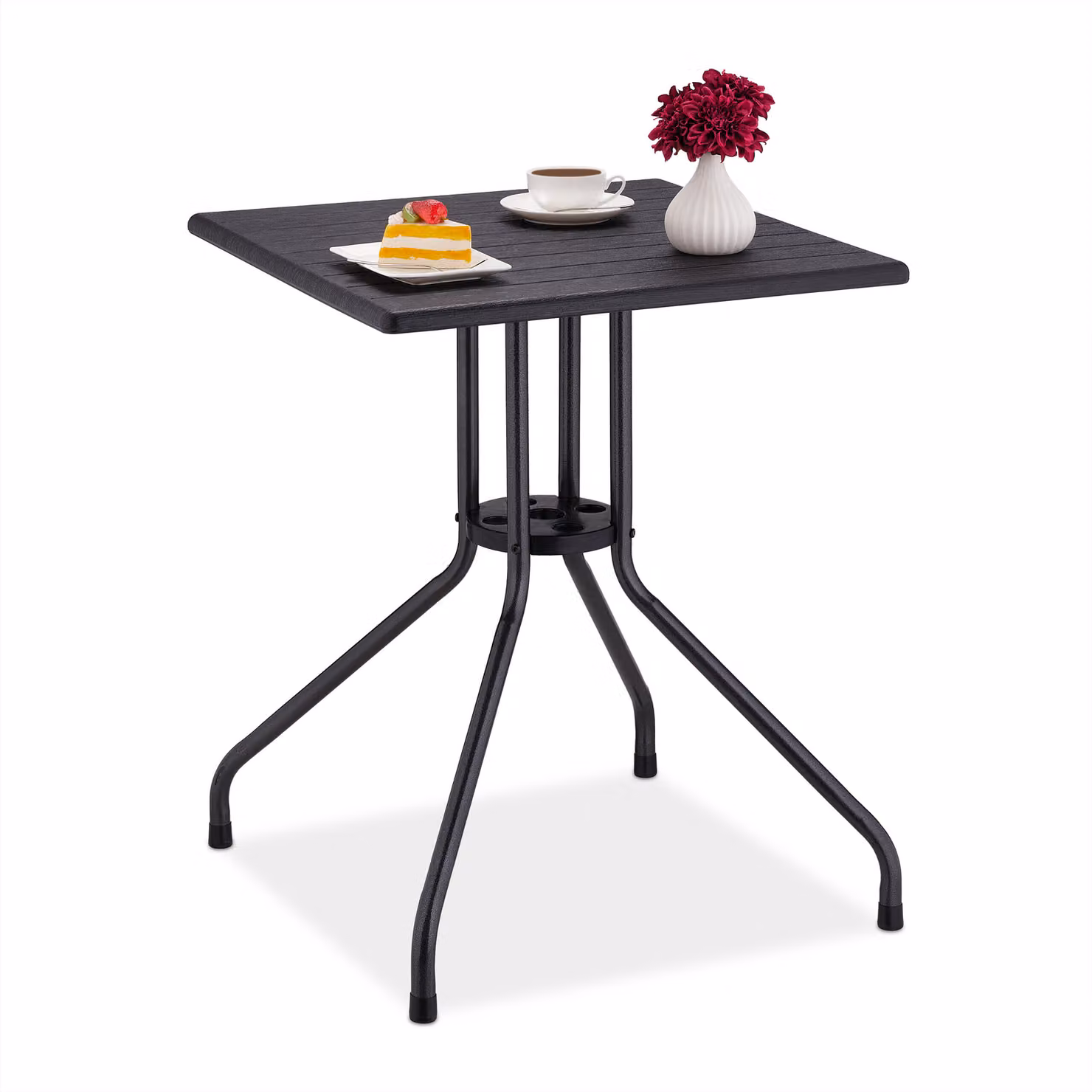 Tavolo da giardino Relaxdays, dimensioni: 75x61x61 cm, tavolo da balcone effetto legno, plastica, metallo, tavolo da terrazza quadrato, nero