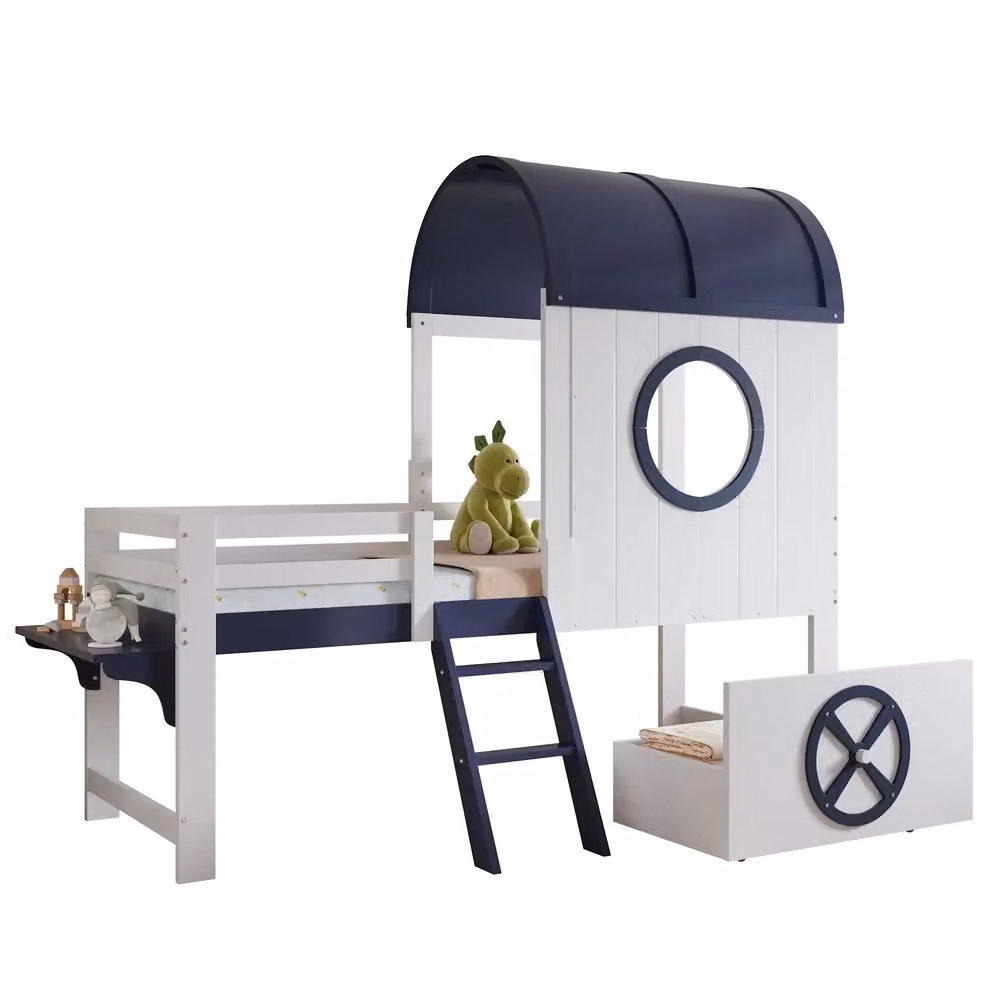 Letto a soppalco per bambini MY Minimal in legno di pino bianco e blu scuro con cassetti L/P/H: 200 x 90 x 174 cm – 2