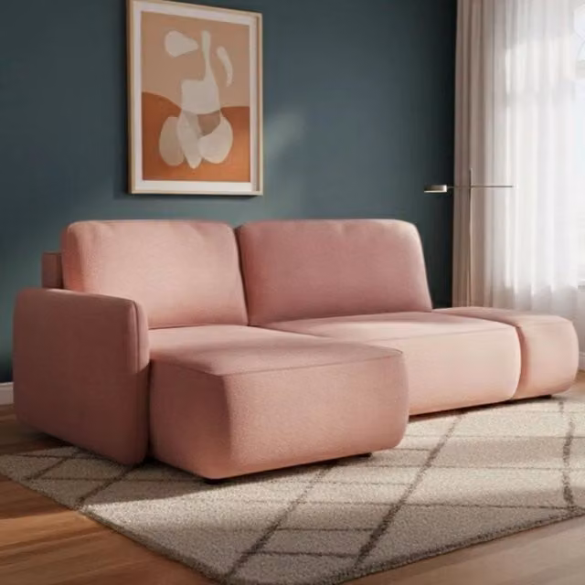 Divano Letto Dmora Rezzo con Penisola Contenitore, Forma a L, Colore Rosa, L/P: 229 x 148 cm