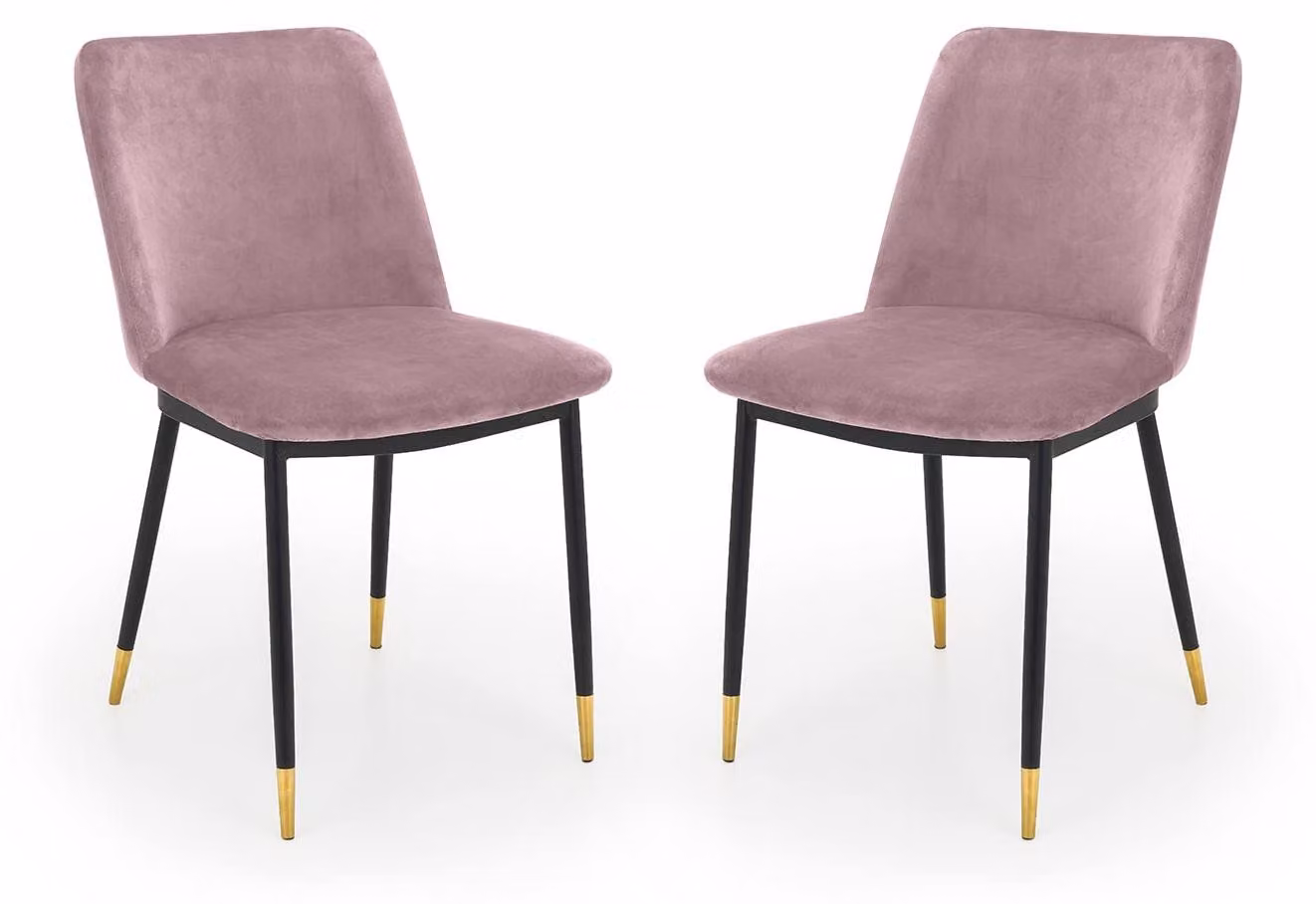 Set di 2 sedie da pranzo in velluto, color rosa antico, con gambe nere e dettagli in rame