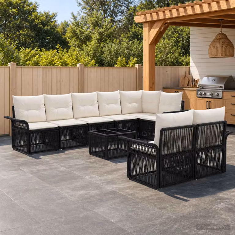 Set Divano da Giardino vidaXL 9 pz a Forma a U in Polyrattan Nero con Cuscini e Tavolino da Caffè
