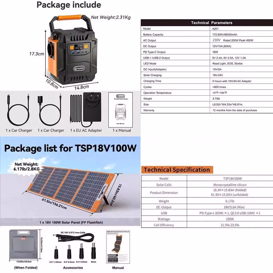 Stazione di ricarica portatile/generatore solare – A201 con pannello da 100 W – 200 W CA 230 V UE – 172,8 Wh agli ioni di litio – USB-C PD 18 W – CC 12 V 6,5 A – LED/SOS
