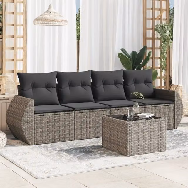 Set Divano da Giardino VIDAXL in Polyrattan Grigio con 5 Pezzi e Cuscini – 1