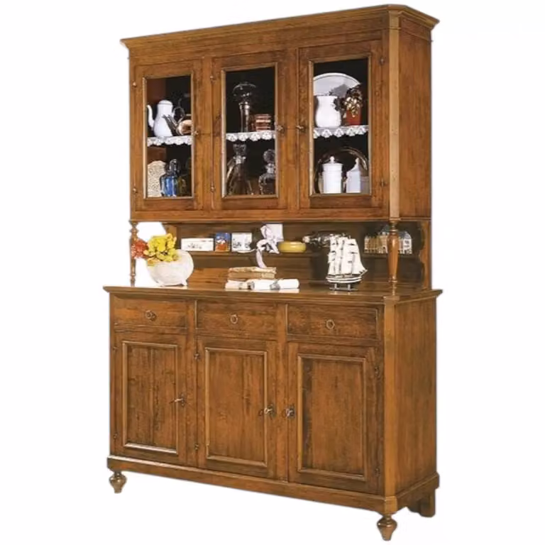 Cristalliera in legno massello stile arte povera con 3 porte in vetro e 3 cassetti di Mobili 2G, colore noce, L: 160 cm, P: 50 cm, H: 221 cm