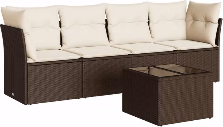 Set Divano da Giardino 5 pz con Cuscini Marrone in Polyrattan