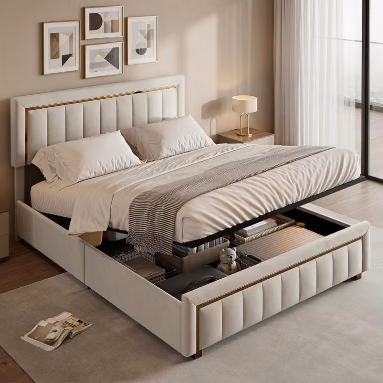 Letto con boxspring INONEFT, 140x190 cm, con rete a molle, letto imbottito con sistema idraulico e spazio contenitore, struttura dorata, matrimoniale, in velluto, color beige