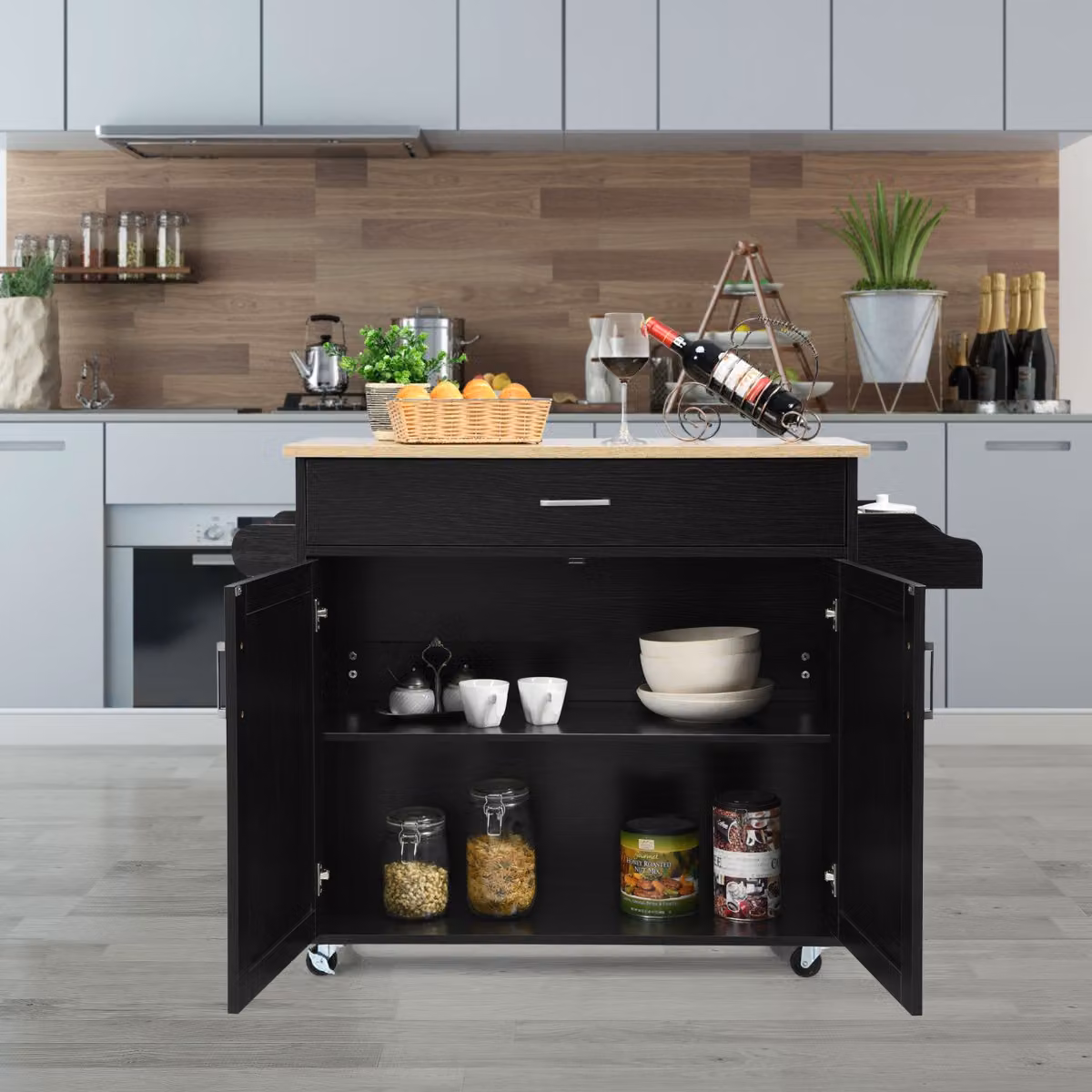 Isola da cucina Costway moderna in legno e MDF nero con ruote L/P/H: 116 x 40 x 85 cm – 3