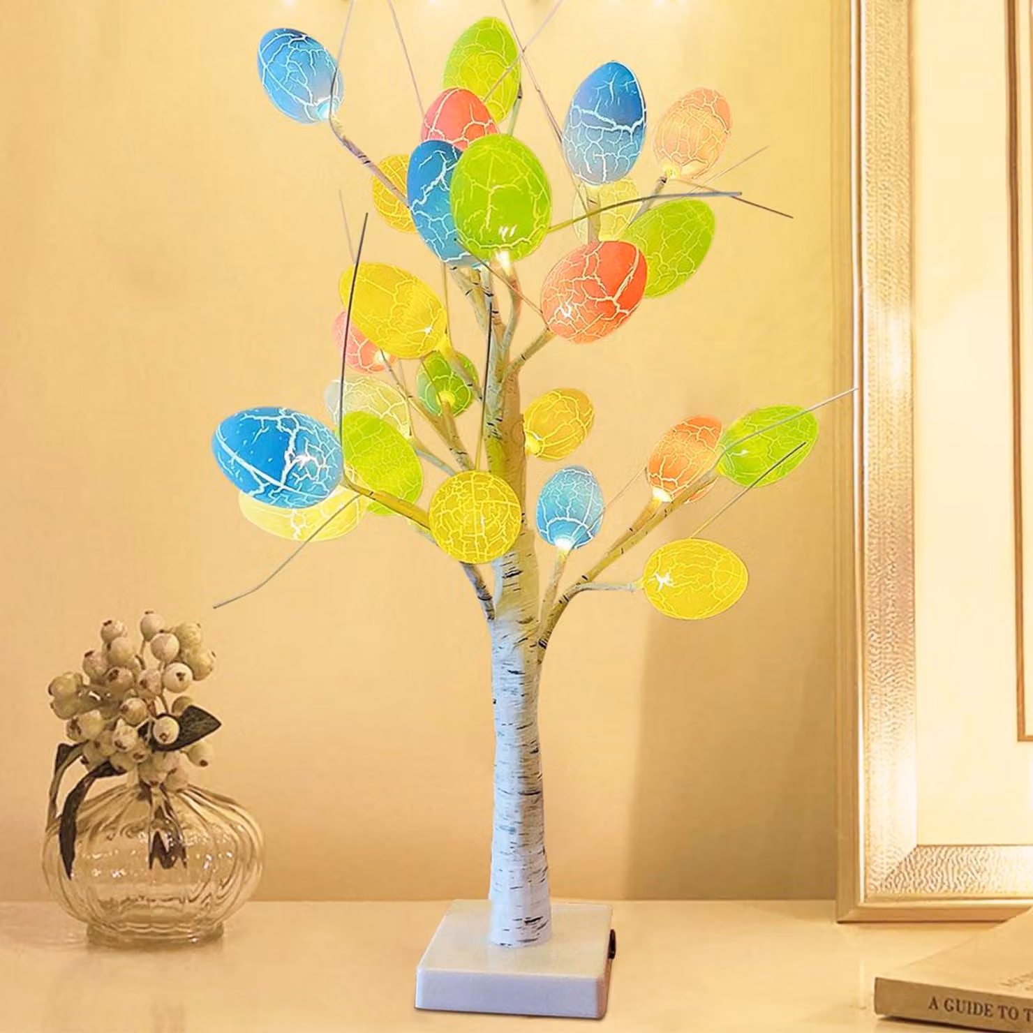 Albero di Pasqua a LED con 12 uova colorate, decorazione pasquale, plastica, luce bianco caldo