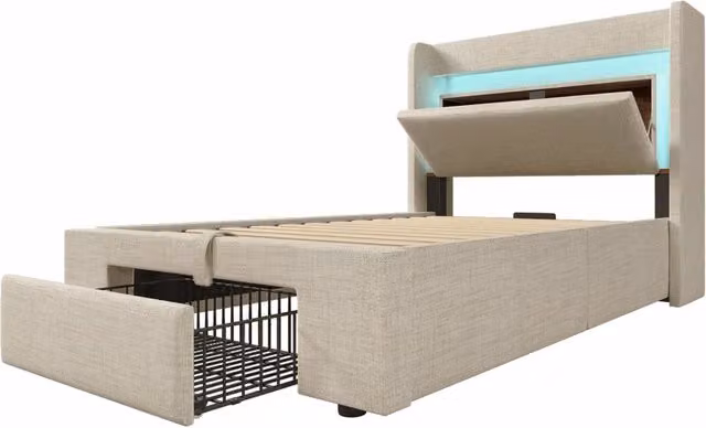 Letto imbottito beige 90x200 cm con spazio contenitore idraulico, testiera con vano portaoggetti, illuminazione LED, porte USB e USB-C, struttura in legno e metallo senza materasso