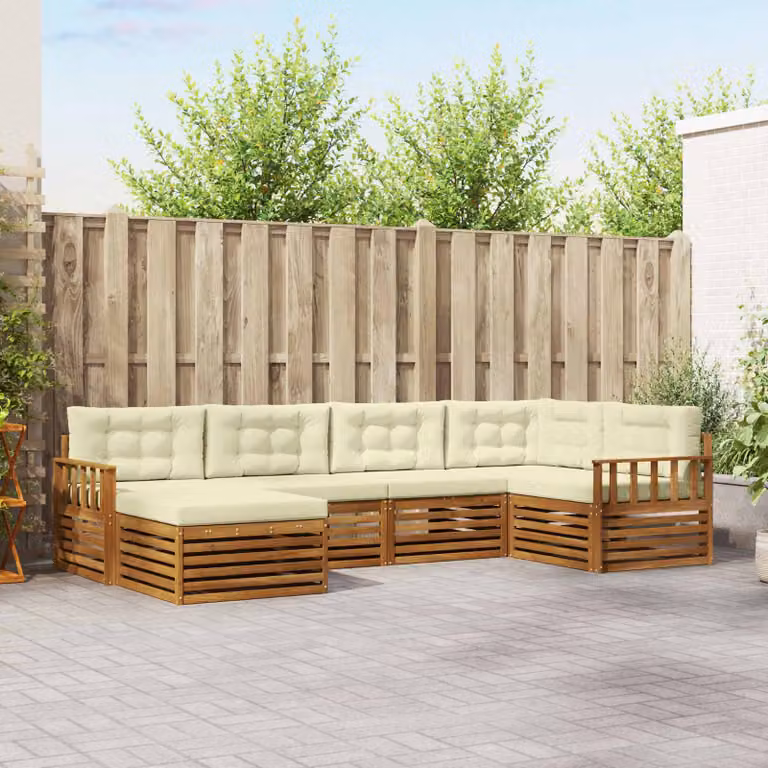 Set di divani da esterno vidaXL a forma di L composto da 6 pezzi in legno di acacia con cuscini beige e bianco