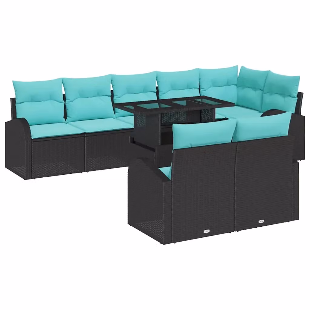 Set Divano da Giardino a Forma di U con Tavolino da Esterno vidaXL, 9 Pezzi, Colore Nero e Turchese con Cuscini Inclusi – 2