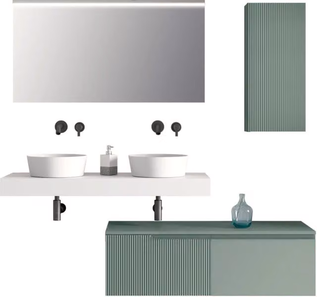 Composizione bagno con doppio lavabo Venere di AQA DESIGN, 7 pezzi, bianco e salvia, con illuminazione LED e ante soft-close