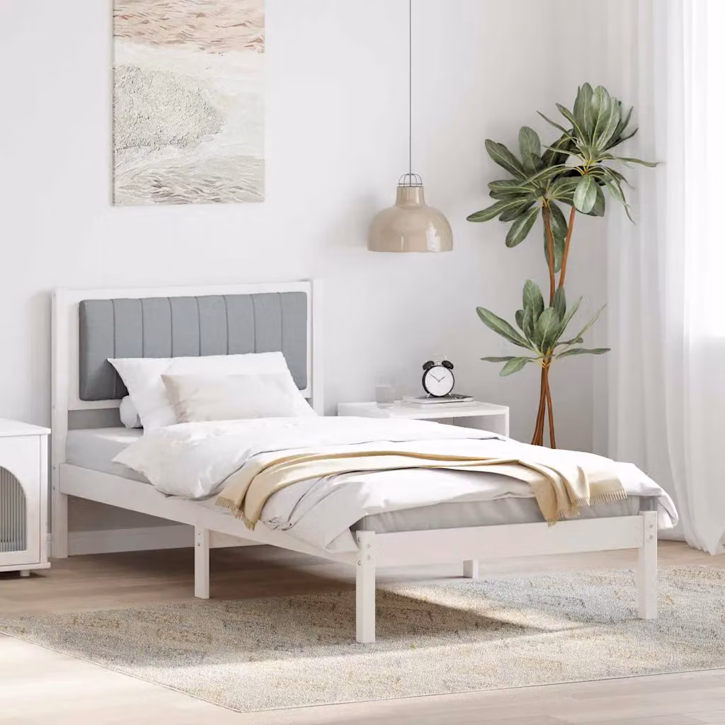Letto con testiera rivestita vidaXL in legno di pino e tessuto, Grigio chiaro, 90 x 200 cm