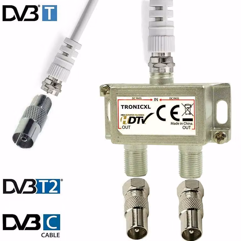 Splitter IEC Splitter antenna a 2 vie + cavo + adattatore Splitter TV via cavo DVB-T2 DVBC Coax Sat