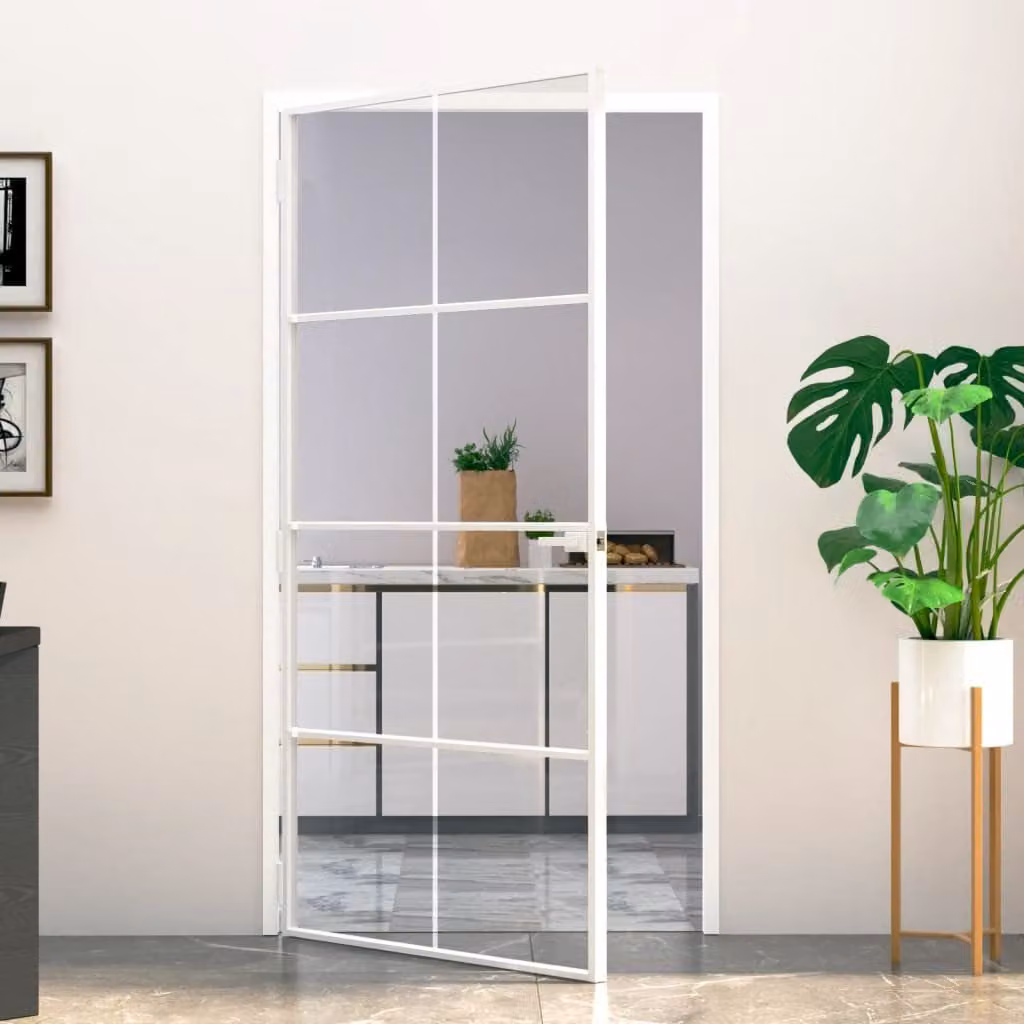 The Living Store porta interna bianca 102x201,5 cm vetro temperato e alluminio slimline