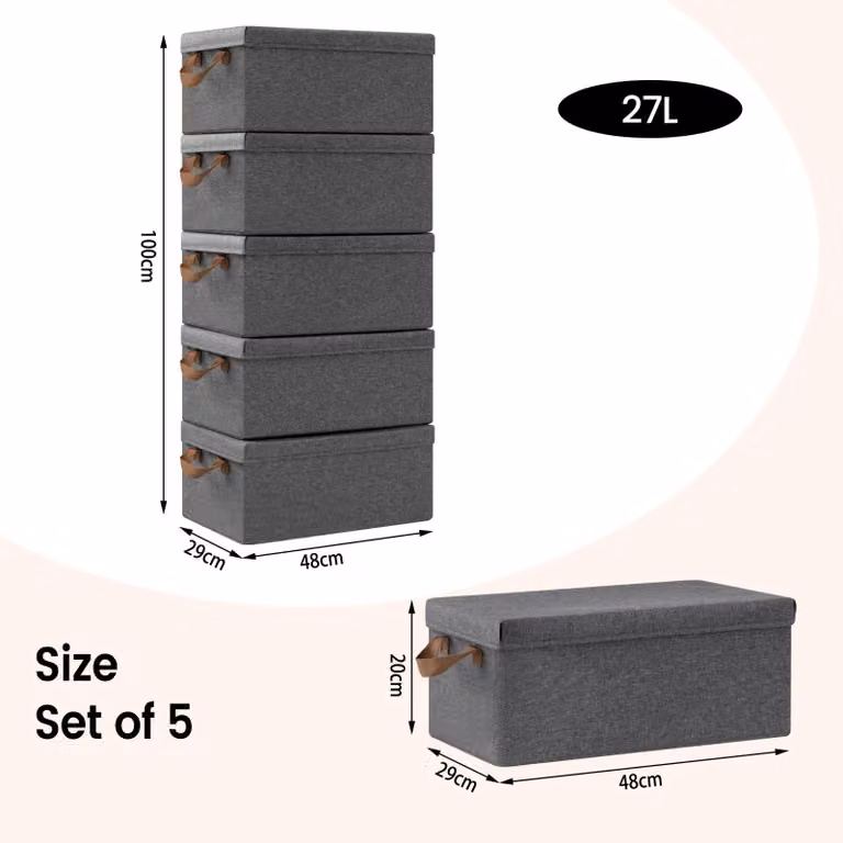 Contenitori per tessuti pieghevoli - Contenitori pieghevoli per l'organizzazione dei vestiti - 27 litri - Set da 5 - Con coperchio - Con maniglie - Realizzati in poliestere