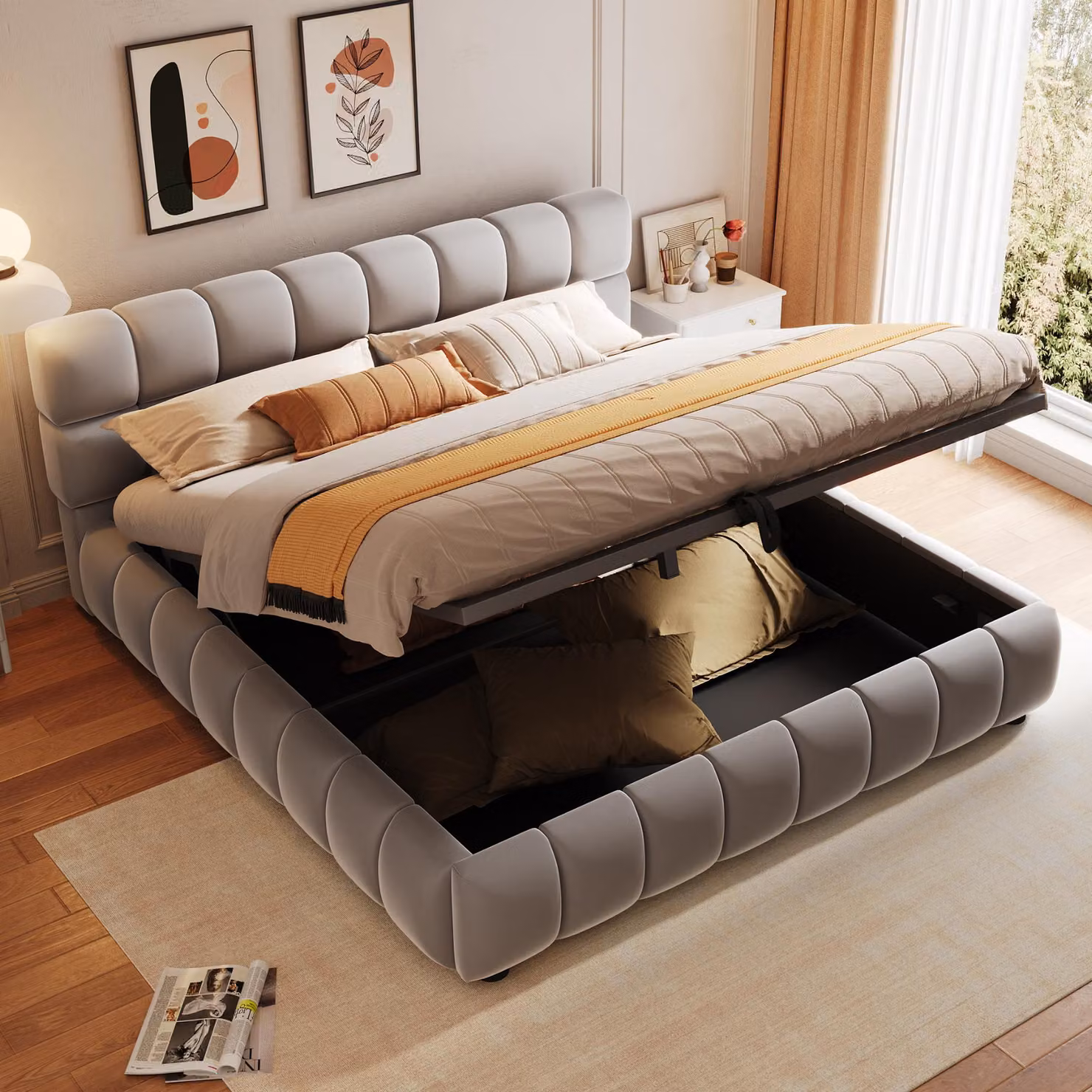 okwish Letto imbottito 140x200 Letto per bambini senza materasso, Letto contenitore con funzione idraulica, Struttura letto matrimoniale in tessuto vellutato, con materasso, Grigio