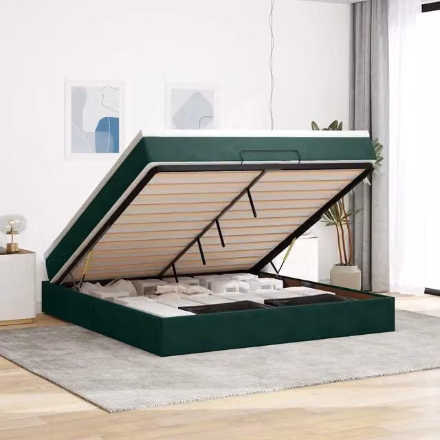 Letto con contenitore a sollevamento vidaXL in velluto verde e bianco con materasso L: 180 cm, P: 200 cm, H: 280 cm