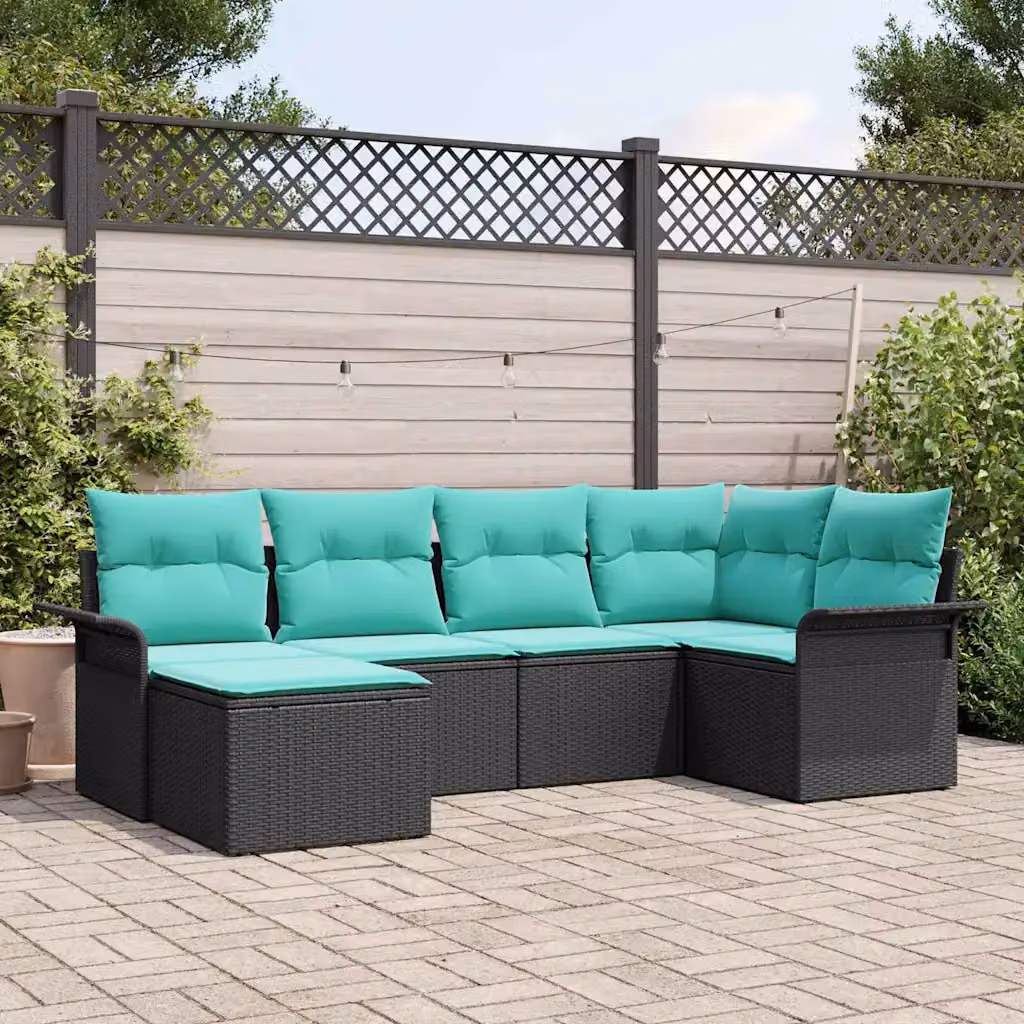 Set Divano da Giardino L Shape vidaXL a 6 posti con Cuscini in Polyrattan e Struttura in Metallo Nero e Blu