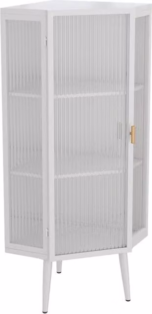 Mobile ad angolo 110 cm con 3 ripiani, ante in vetro temprato e struttura in metallo bianco per bagno, soggiorno e camera da letto