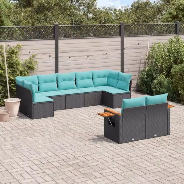 Set Divani da Giardino 9 pz con Cuscini Nero in Polyrattan 3227128