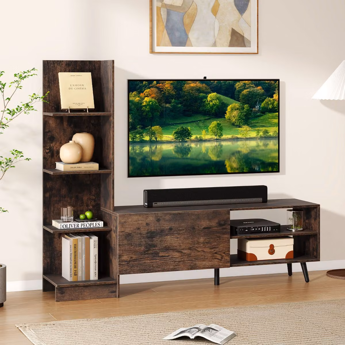 Costway Centro di intrattenimento con libreria e mensola regolabile, Mobile porta TV per televisori fino a 50 pollici Noce