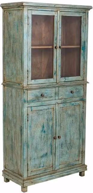 Vetrina in legno e vetro WANDERLUST DECO turchese con ante in vetro e ripiani interni, stile rustico, L: 85 cm, P: 40 cm, H: 180 cm – 1