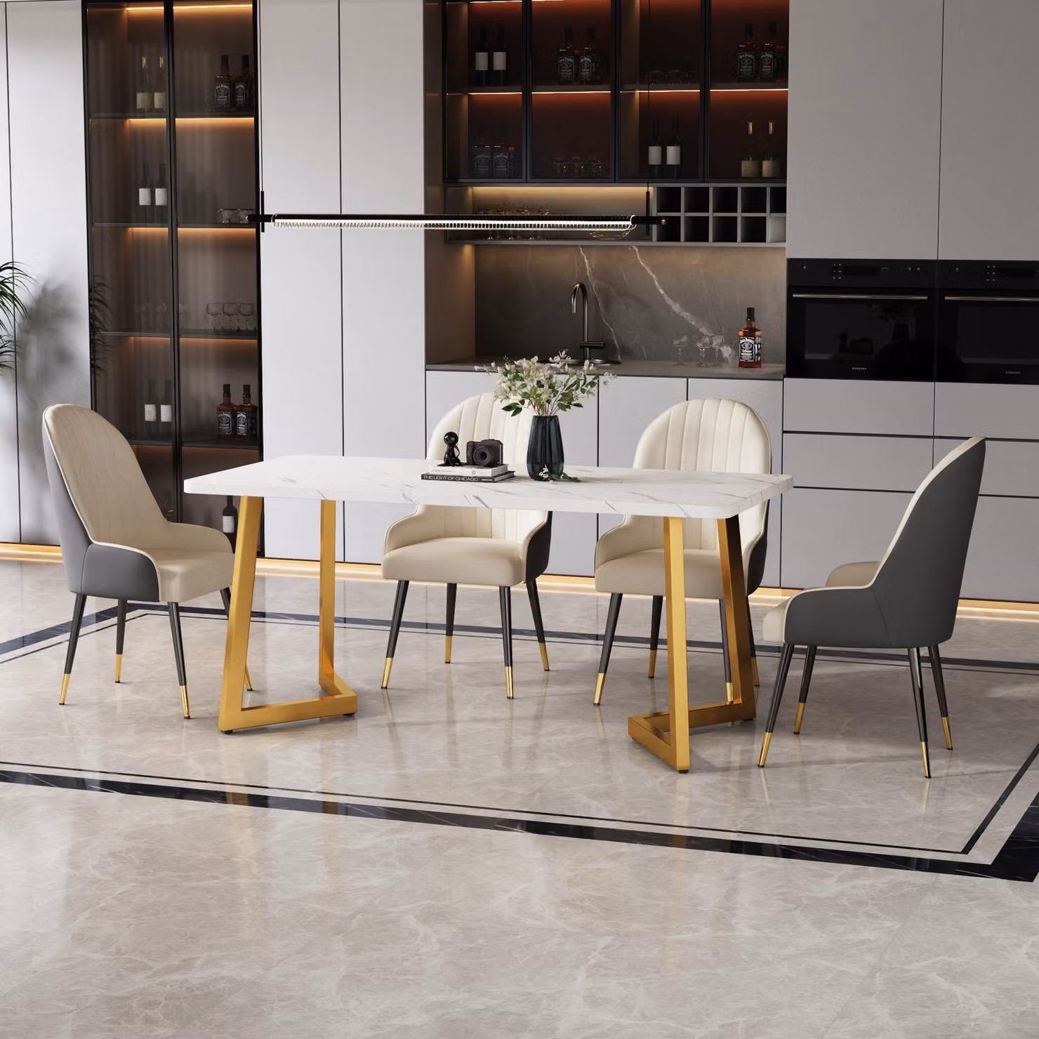 Tavolo da pranzo 117 x 68 cm, aspetto marmo con gambe in metallo - bianco e oro