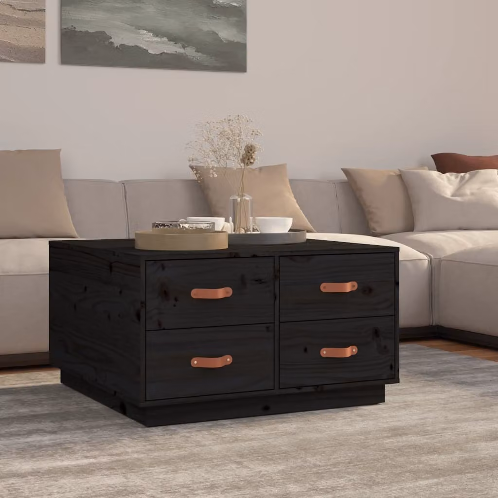 The Living Store tavolino nero 80x80x45 cm in legno di pino massiccio