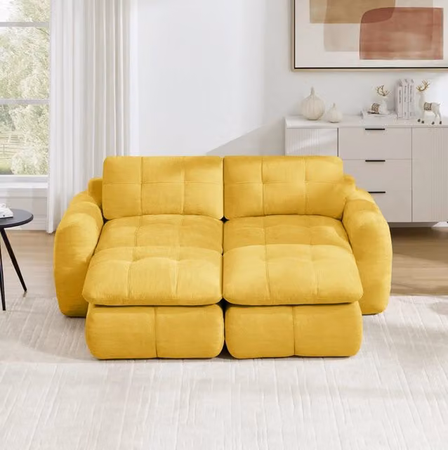 Divano modulare 2 posti 194x160 cm in chenille; seduta ampia e profonda; giallo