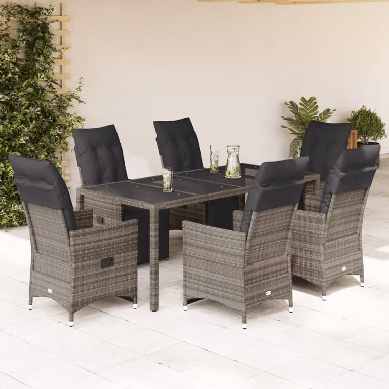 Set Bistrò da Giardino e Balcone vidaXL in Polyrattan e Metallo con Cuscini Grigio, 7 pz