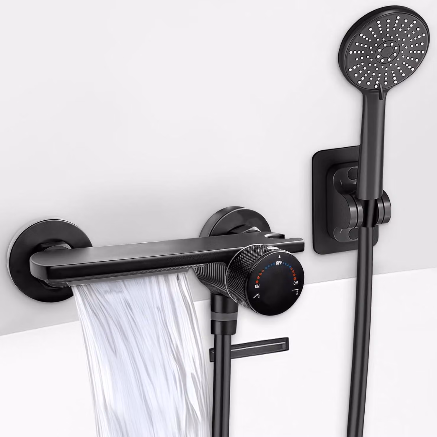 Rubinetto da bagno nero, miscelatore a parete con 2 modalità, doccetta con 5 funzioni, tubo flessibile da 1,5 metri, per bagno