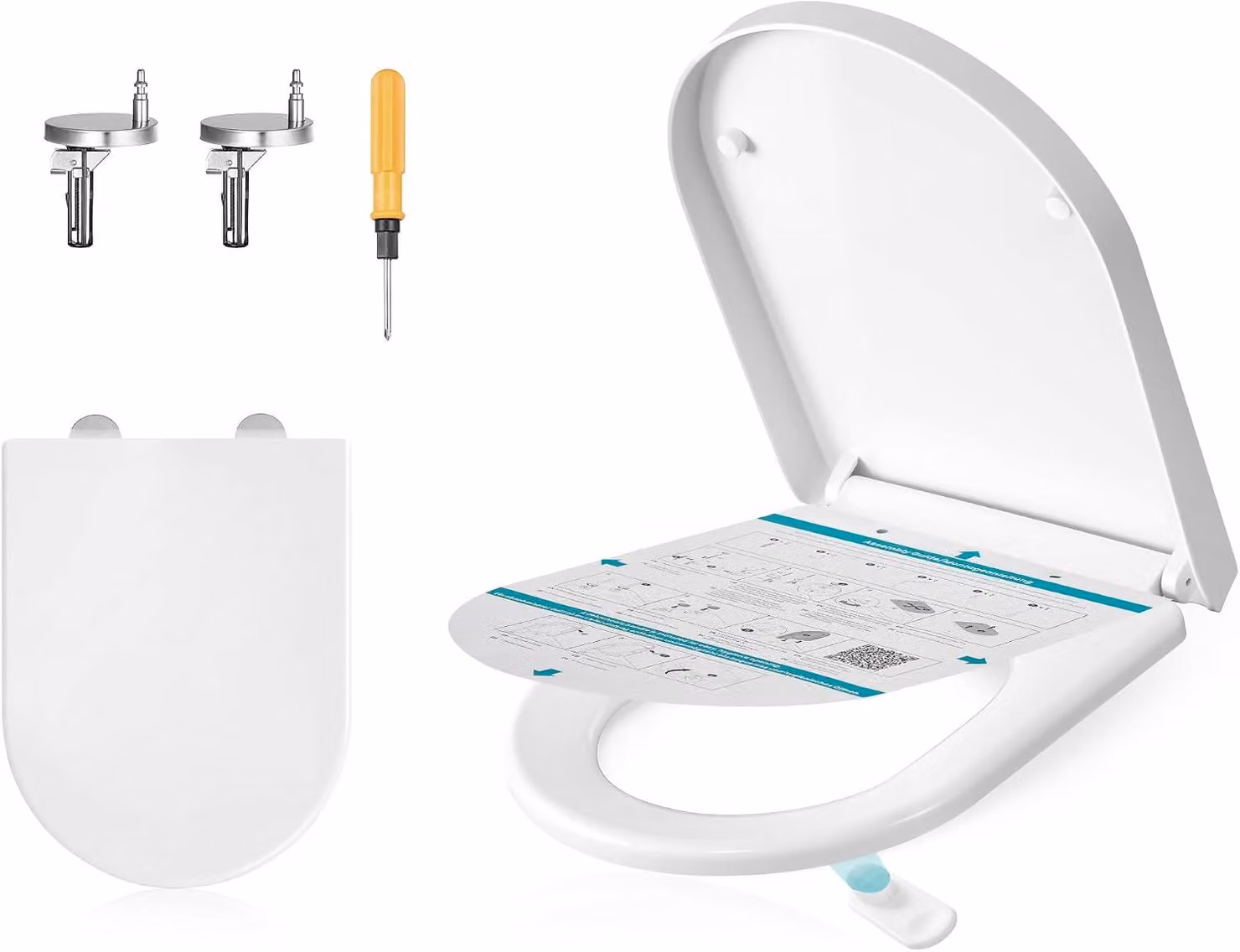 Copriwater - Copriwater per WC con sistema di chiusura ammortizzata - Forma ovale allungata - Rimovibile - Plastica - Bianco
