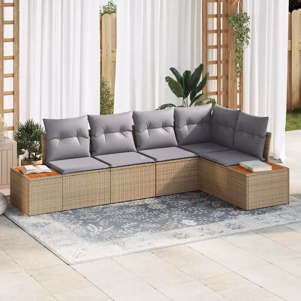Set Divano da Giardino a L vidaXL in Rattan con Struttura in Acciaio, 5 Posti, Beige e Grigio – 1